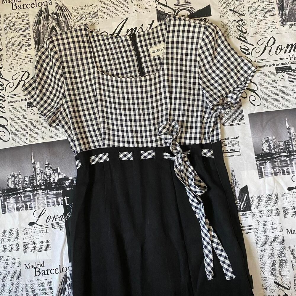 Betsy's Things Black white checkerboard gingham belted maxi dress vintage 80s